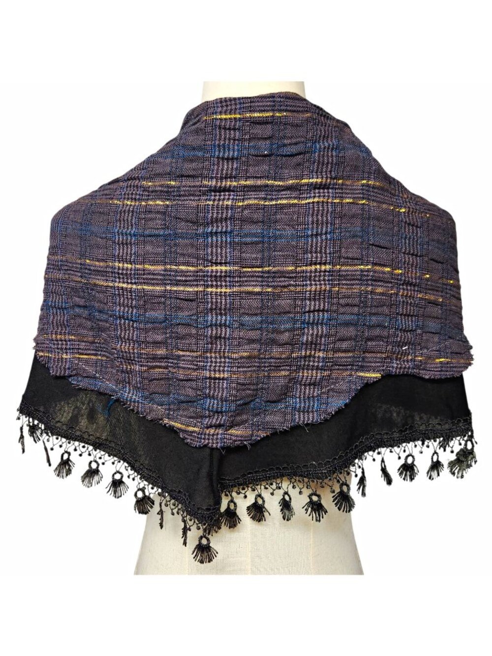Decree Triangle Scarf Shawl Wrap Fringed Tassel Whimsigoth Boho Navy Black Gold